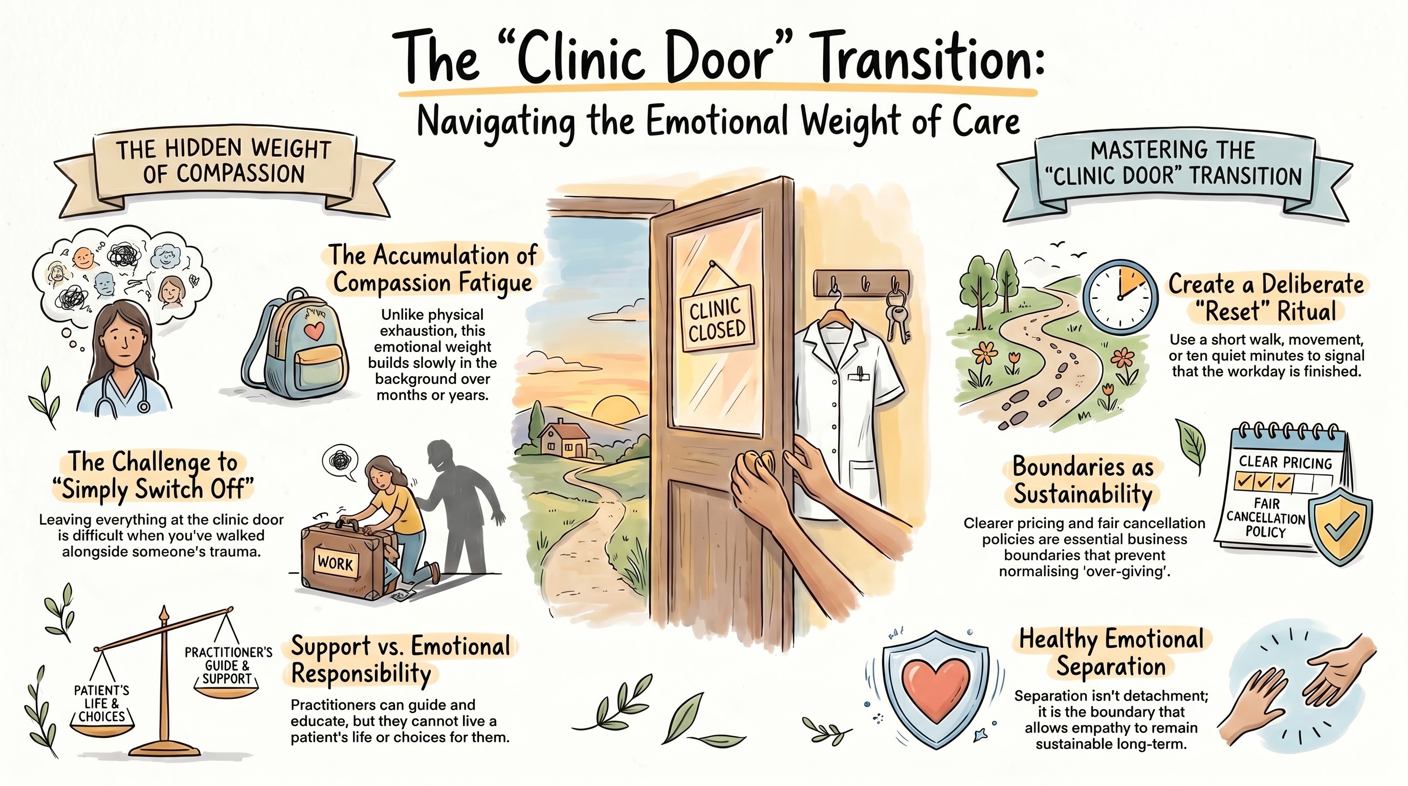 An illustrated infographic titled 'The Clinic Door Transition: Navigating the Emotional Weight of Care.' It features a central drawing of hands closing a clinic door at sunset, flanked by sections detailing the challenges of compassion fatigue on the left, and strategies for establishing healthy emotional boundaries on the right.